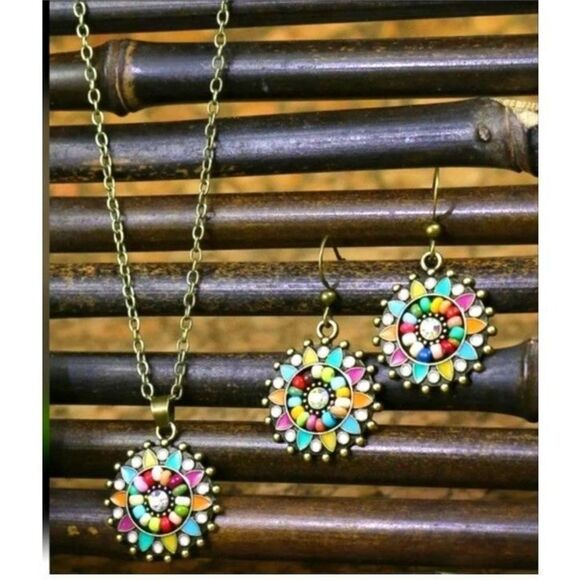 Vintage Round Antique Bronze Distressed Multicolor Floral 3pc set - Picture 1 of 5